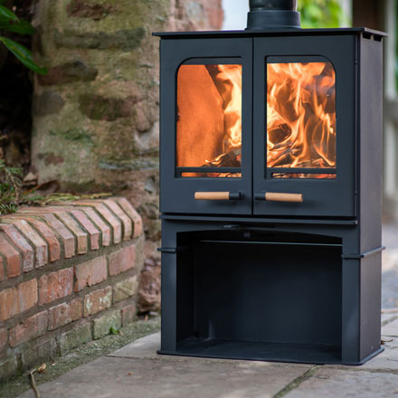 Twin door Panoramic Defra-approved 5kw Ecodesign Ready wood burning stove with stand / log store